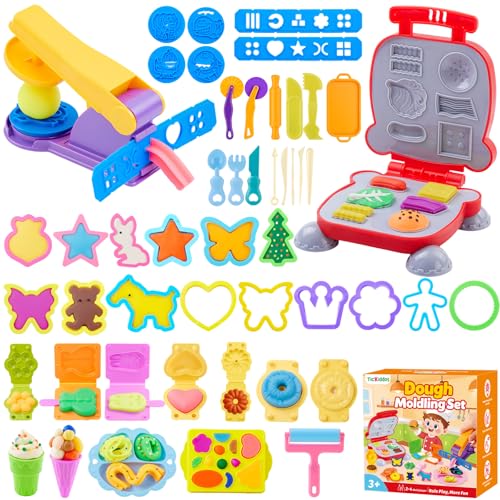 TicKiddos Knetwerkzeug für Kinder, 50 Stück Knete Zubehör Set mit Hamburger Brater Knete Ausstechformen Extruder Modellierwerkzeug Küchenspielzeug Lernspielzeug für Jungen Mädchen