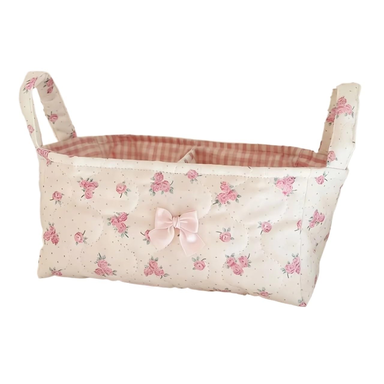 SUBLXPoten Foldable Floral Organizer Bin Small Quilted Storage Basket Floral Bow Desktop Organiser with Partition for Home Travel Countertop Dresser Little Items