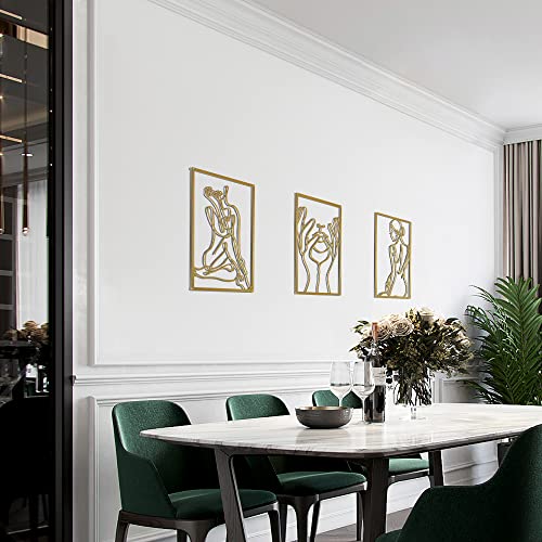 Gold Wall Art Decor For Living Room Bedroom Minimalist Modern Abstract Line Wall Home Decor Real Thicker Metal Large Room Decor Wall Sculptures For Home Hanging, Gold Wall Decor Set 3 Packs(Gold Women+Face+Back) #TOP7