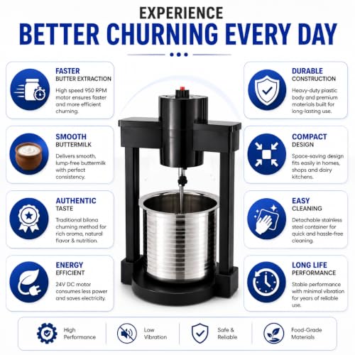 Image of AURHA Electric Butter Churner Machine | Bilona Madhani for Home Use | 5 Ltr Capacity, 24V Adapter, 950 RPM Dual Rotating Motor | Traditional Method Butter Making Machine | Heavy Duty Plastic Body