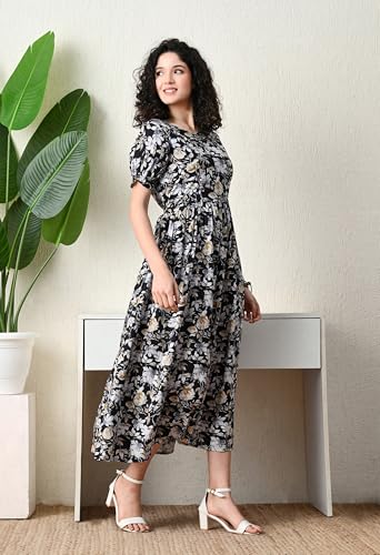 Image of Ichaa Women's Aqua Rayon Printed Maternity Dress with Feeding Zips and Pocket, in Plus Sizes