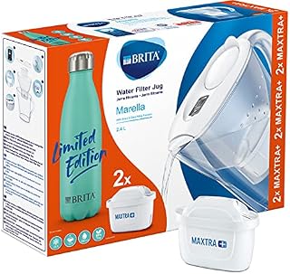BRITA white Marella bundle pack with Aqua insulated, stainless steel bottle - filter jug reduces chlorine, limescale and impurities, includes 2 x MAXTRA+ filter cartridges