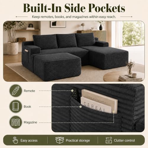 Image of Boneless Couch, Modular Sectional Couches for Living Room, U-Shaped Cloud Couch Sofa with Deep Seat, Fluffy Corduroy Upholstered Corner Sofa