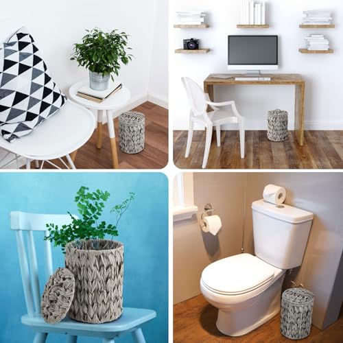 Image of Ctosree 1.3 Gallons Small Trash Can with Lid Handle Boho Woven Braided Bathroom Waste Basket Trash Can with 100 Garbage Bags for Bedroom Office Laundry(Grey, Braided Polypropylene)