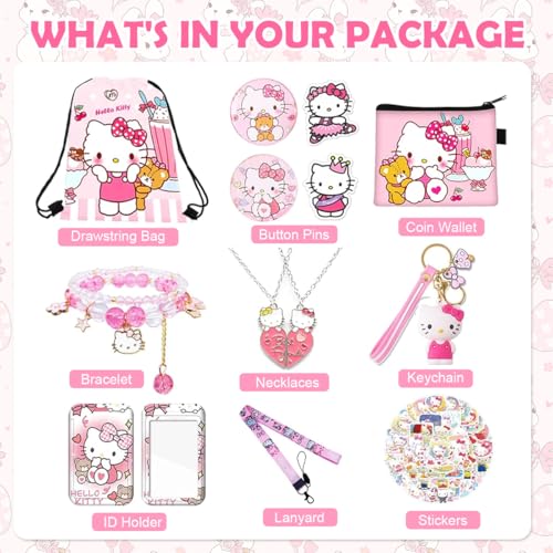 HASTHIP® 12Pcs Kawaii Sanrio Stuff Kitty School Supplies Set, Hello Kitty Sanrio Stationery Set with Drawstring Bag Coin Wallet Bracelet Keychain Necklaces Button Pins Stickers Lanyard for Kids Adults