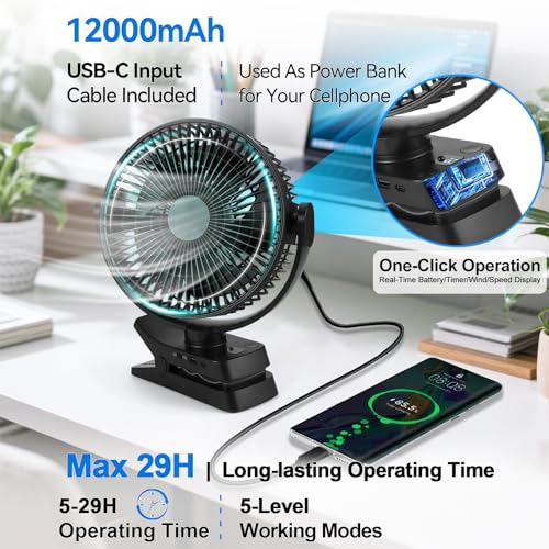 Mini ventilateur USB rechargeable 12000mAh et veilleuse à 5 vitesses