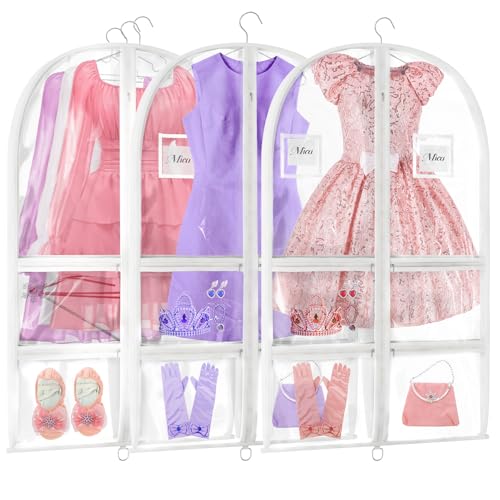HOLADREAM 3 Pcs Dance Garment Bags With 6 Clear Pockets, 40” PVC Kids Costume Bag With Sturdy D-rings For Easy Carry, Plastic Dance Recital Bag For Dancers Competitions, Travel, Closet Storage