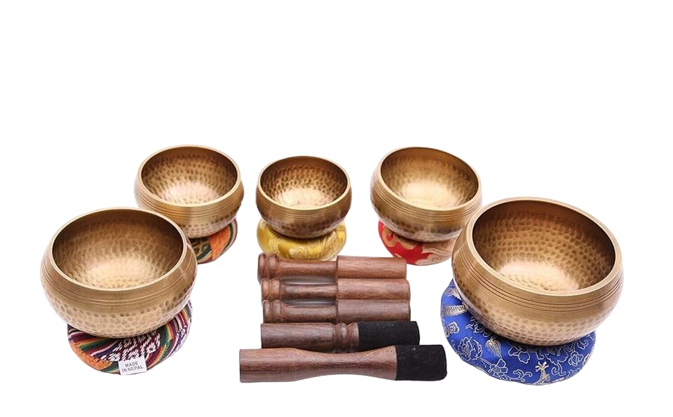 FASHERATI Tibetan Singing Bowl, Set of 5 Hammered Singing Bowls, Meditation Sound Bowl, Mallet (Set Of 5)-picture-28