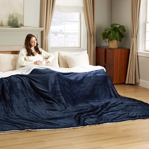 Image of Bedsure GentleSoft Sherpa Fleece Cal King Blankets for Bed, Non-Heated, Thick and Warm Oversized Throw for Women and Men, Soft Fuzzy Plush Large Blanket for Winter, Navy, 112x98 Inches