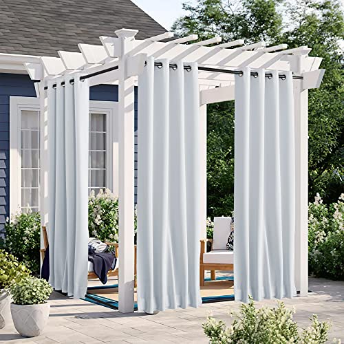 NICETOWN 2 Panels Fixed Outdoor Curtains Waterproof for Patio, Thermal Insulated Top & Bottom Grommet & Back Tab Light Blocking Outdoor Drapes Windproof with Bouns Rope, W46 x L90, Greyish White