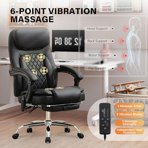 Image of 500LBS Massage Office Chair, 6 Points Vibration & Heat Executive Office Chairs, 135Reclining Comfy Desk Chair with Foot Rest, Wider & Thicker Seat Cushion, PU Leather Big and Tall Gaming Chair, Black