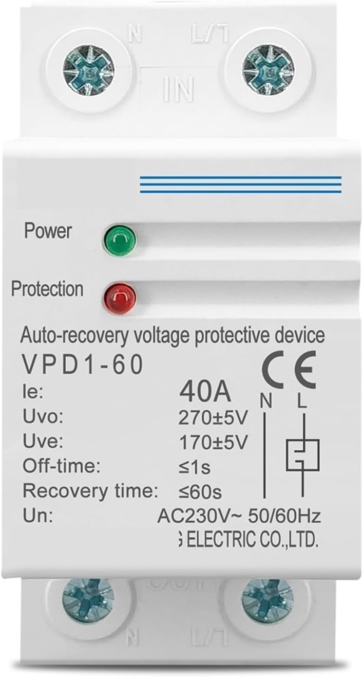 40A 230V Din Rail Automatic Recovery Reconnect Over Voltage and Under Protective Device Protection Relay 1 Pcs(40A)