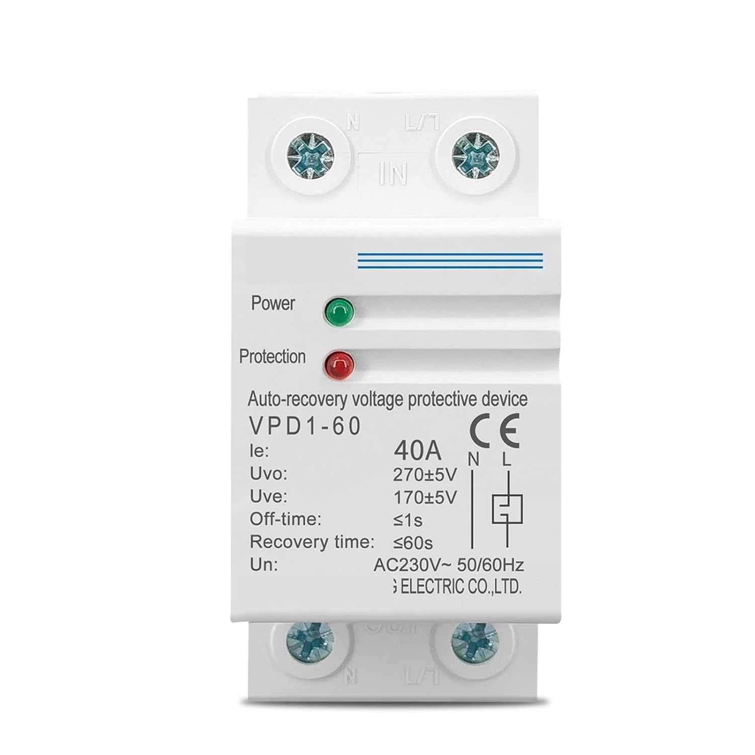 40A 230V Din Rail Automatic Recovery Reconnect Over Voltage and Under Voltage Protective Device Protection Relay 1 Pcs(60A)