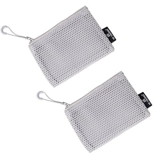 MiniMood メッシュポーチ, ダブル収納 仕切り付き, ジッパー付き, 軽量メッシュ素材, サイズ14×10cm, 2個セット, コスメ・旅行用小物整理に (2, グレー)の商品画像（Amazon）