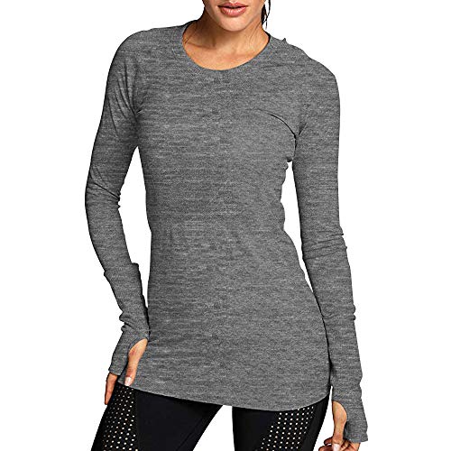 JXEWW Women Long Sleeves Thumb Hole Slim Fit Blouse Swag Hipster T Shirt O Neck Curved Hem (M, Gray)