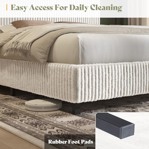 Image of AMERLIFE Full Bed Frame, Upholstered Metal Platform Bed with Vertical Channel Tufted Headboard, Soft Fabric & Strong Metal Slats, Noise-Free /Easy Assembly, White Full Upholstered Bed and Headboard