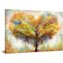 Biuteawal Large Tree Wall Art Love Heart-Shaped Tree of Life Picture Painting Prints Orange Modern Abstract Artwork Home Office Living Room Bedroom Decoration Framed Ready to Hang