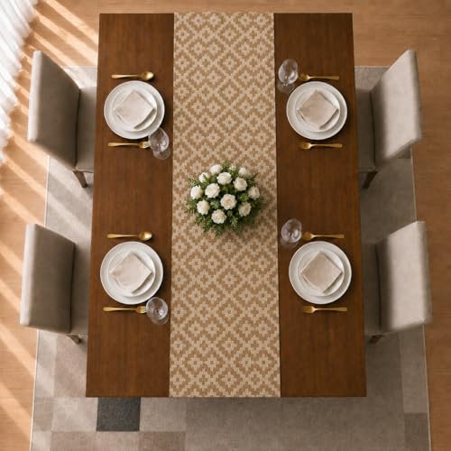 Image of STITCHNEST 'Nomad Weave Collection' Jacquard Table Runner 13x72 Inches| Tassel Finish | Modern Dining Table Decor