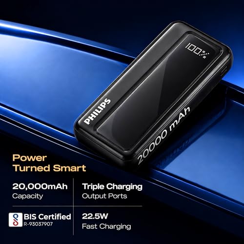 Image of Philips 20000mAh 22.5W Fast Charging Power Bank (Slate Black) with Digital LED Display | Type-C & USB-A Input /Output | 3 Output Ports | Lithium Polymer | Portable for Mobile, Tablet & Earbuds