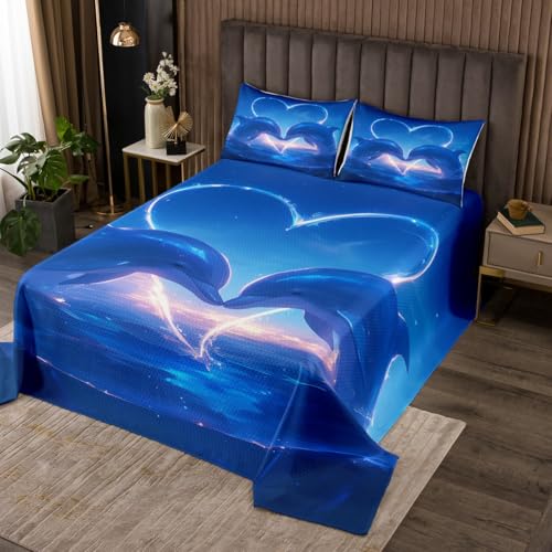 Dolphin Lover Bedspread Set Queen Size for Kids,Boys Girls Romantic Love Quilt Set Dolphin Couple Bedspread Coverlet Blue Ocean Bedspread 3 Piece Decorative Bedding Quilted with 2 Pillow Shams