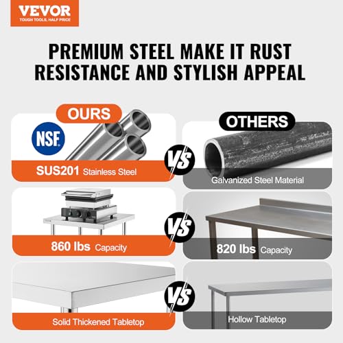 Image of VEVOR 24 x 48 x 36 Inch Stainless Steel Work Table, Commercial Food Prep Worktable Heavy Duty Prep Worktable, Metal Work Table with Adjustable Height for Restaurant, Home and Hotel