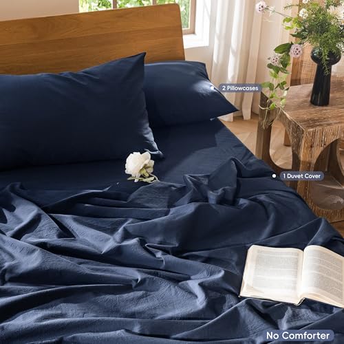 Image of MooMee Duvet Cover Set 100% Washed Cotton Linen Like Queen | Relaxed Linen-like Texture. Soft, Breathable & Long-lasting Comfort. Lightweight. Hidden Zipper with 8 Interior Corner Ties