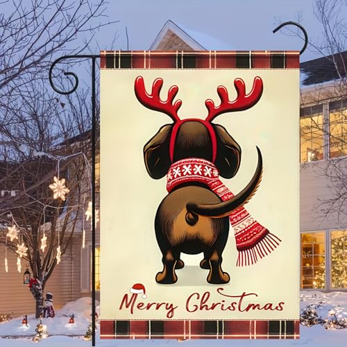Image of BlissYard Dachshund Christmas Garden Flag 12x18 Inch Double Sided Merry Christmas Dog Garden Banner Holiday Yard Decoration Winter Xmas Decor for Porch Lawn Patio