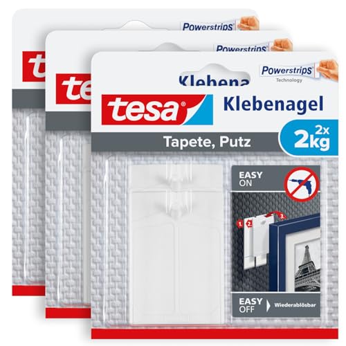 tesa Gwoździe samoprzylepne do tapet i tynku, 2 kg, 3 sztuki w opakowaniu – samoprzylepne paznokcie do delikatnych powierzchni – bez pozostawiania śladów – do 2 kg udźwigu na paznokieć – 3 x 2