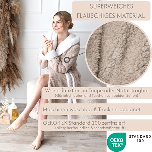 CalmyLIFE Bademantel Damen flauschig Morgenmantel - mit Wendefunktion kuschelige Bademäntel mit Kapuze Kuschelbademantel (M, Taupe/Natur)