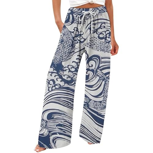 Pantalon palazzo en lin taille haute fluide pour femme style japonais décontracté imprimé chien
