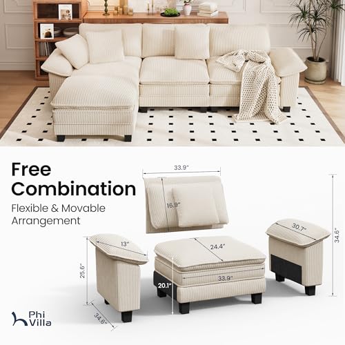 Image of PHI VILLA Cloud Modular Couch Sets, 123.6 inch Sectional Sofa with L-Shaped Chaise, 4-Seater Upholstered Couches with Movable Ottoman for Living Room, Corduroy Fabric, Beige
