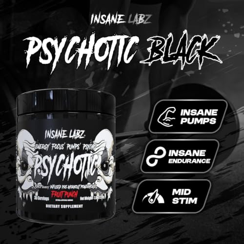 Image of Insane Labz Psychotic Black Edition Mid Stimulant Pre Workout Powder, Energy Focus Pumps, Loaded with Creatine Beta Alanine Taurine Fueled by AMPiberry, 35 Servings (Agua Fresca)