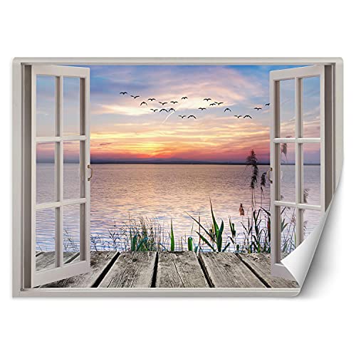Feeby Papier Peint Intisse Vue De La Fenêtre Illusion 3D 140x100 cm orange Moderne Panoramique XXL Photo Mural Muraux Chambre Bureau Salle Coucher De Soleil Oiseaux