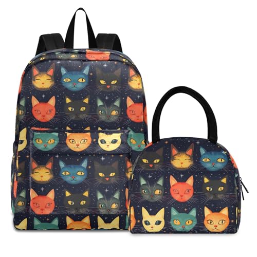 Backpack Lunch Bag Set Cartoon Face Cats Print, Big Storage Travel Backpacks with Insulated Lunch Box for Office Hiking Picnic