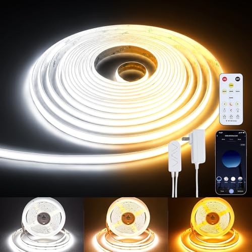 Image of COB LED Strip Light 16.4ft, Dimmable 2300K-6500K White CCT Tunable, DC 24V Cuttable LED Tape Light, High Density 3040 LED 36W CRI 90, APP Remote Control, Music Mode, For Home DIY, Living Room, Bedroom