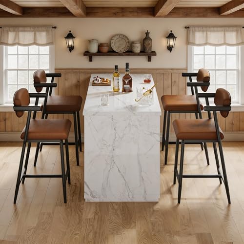 Image of GarveeHome Counter Height Bar Stools Set of 4 with Armrests, 26 inch Upholstered 4pcs Tall Bar Stools Set, Long Backrest & Extra Thick Cushion, Modern High Barstools for Kitchen Island, Pub, Coffee Brown