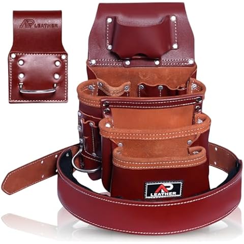 Ap Leather Pro-015 Leather Tool Pouch for Construction,Heavy Duty Hammer Holder,Buckle,3 Pocket Large with Belt, 12 Small Pocket, Tool Organizer Cover