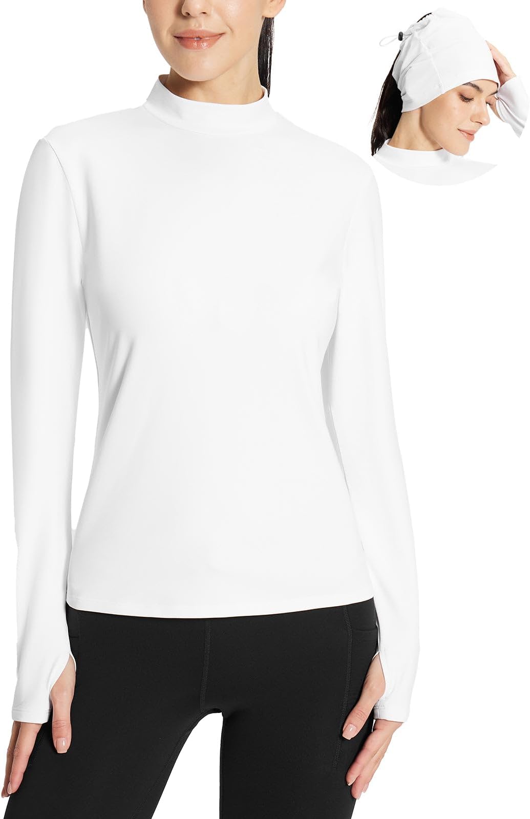 baleaf Women's Thermal Long Sleeve Shirts Fleece Mock Neck Top Warm Undershirts with Detachable Neck Gaiter Thumbholes