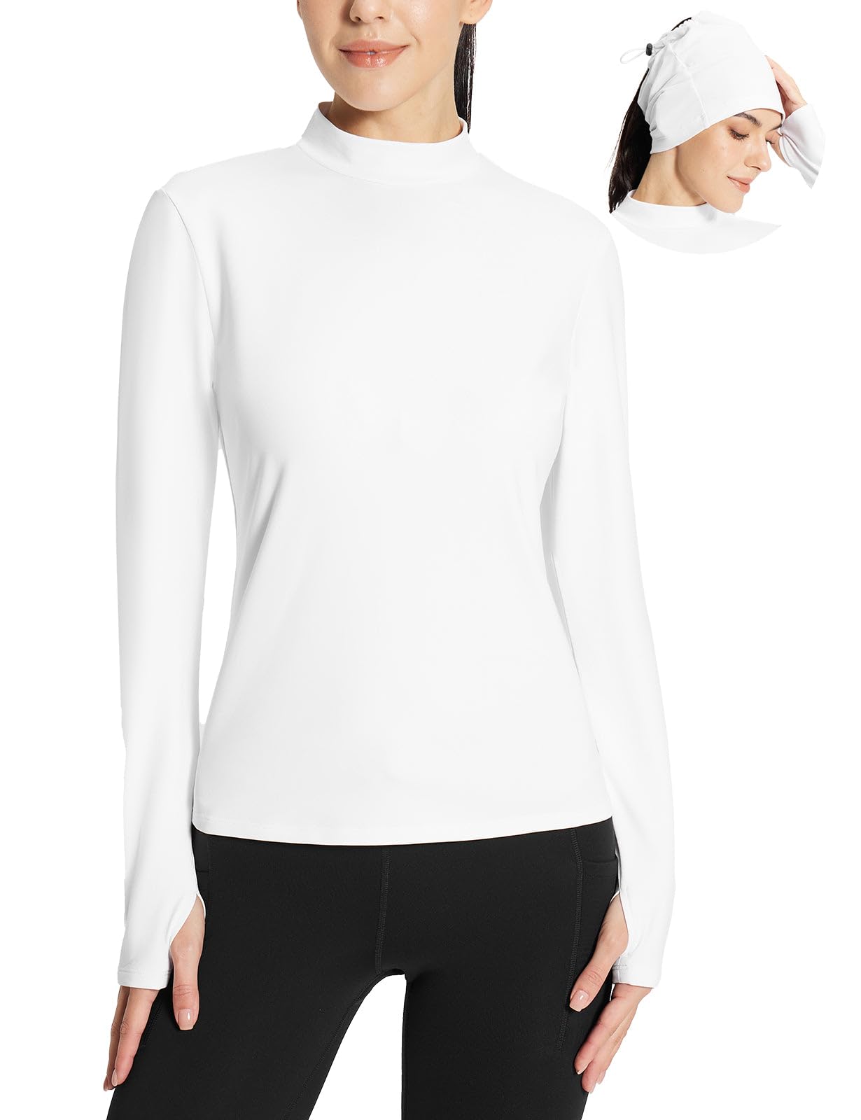 baleaf Women's Thermal Long Sleeve Shirts Fleece Mock Neck Top Warm Undershirts with Detachable Neck Gaiter Thumbholes