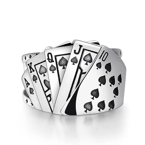 Zszkoz Poker Cards Ring Vintage Diamond Spade Flush Playing Cards Band Adjustable Stainless Steel Hip Hop Punk Poker Games Casino Gambling Open Rings Jewelry for Women Men (ring-1)