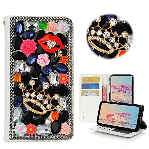 STENES Bling Wallet Phone Case Compatible with Samsung Galaxy S24 Ultra 5G - Stylish - 3D Handmade Crown Sexy Lips Rose Floral Leather Girls Women Cover with Neck Strap Lanyard [3 Pack] - Black