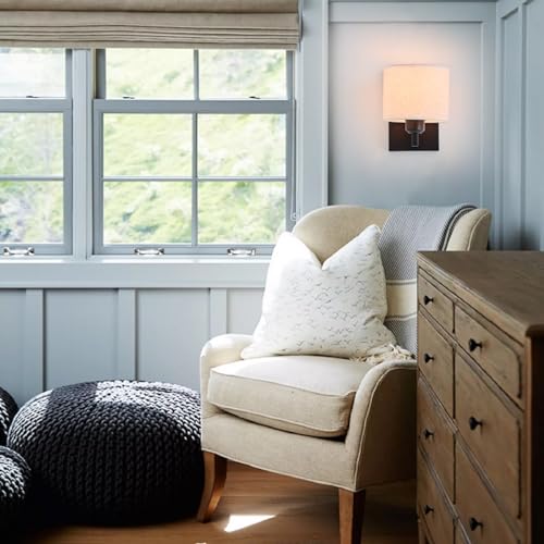 Image of Black Wall Sconce Set of 2, Modern Hardwired Industrial Light Fixtures With Drum Fabric Lampshade, Bedside Mounted Vanity Lamp for Bedroom Living Room Hallway Bathroom