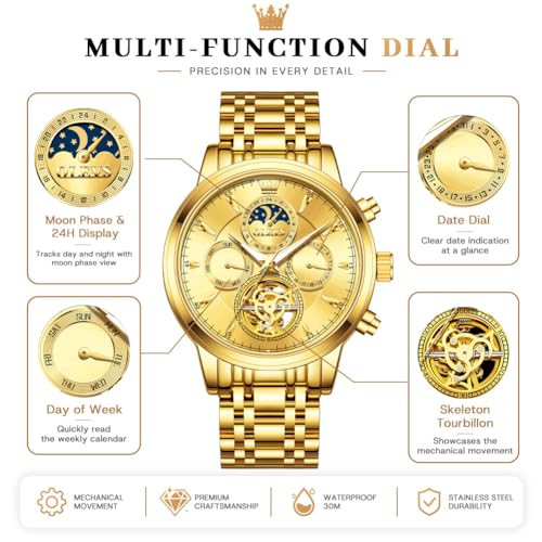Image of OLEVS Men Automatic Skeleton Watch - Luxury Stainless Steel Calendar Moon Phase Mechanical Dress Wrist Watch with Luminous, Waterproof Self-Wind (Gold /Silver /Blue /Black)