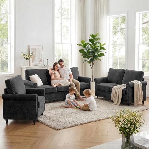 Image of ijuicy 3 PCS Sofa Set, Modern Chenille Living Room Couch Set, Black | Upholstered Sofa, Loveseat and Chair Living Room Furniture Sets with 6 inch Thicken Cushio, Nailhead Trim