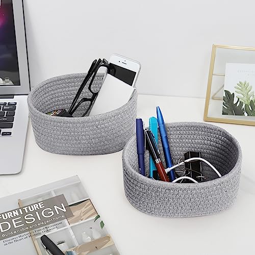 【2 Pack】Abenkle Small Woven Baskets, Tiny Oval Shallow Storage Baskets, Mini Cotton Rope Empty Decorative Basket, Boho Montessori Little Organizer Bins For Nursery Room Kids Baby Dog Toy Gifts-Grey #TOP4