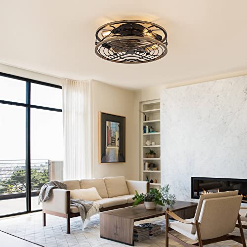 Caged Ceiling Fans With Lights, 20'' Industrial Bladeless Low Profile Ceiling Fan Lights With Remote Control, Enclosed Ceiling Fans With Reversible Motor, Vintage Style With 4 X E26 Bulb #TOP7