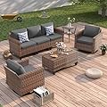 UDPATIO Patio Furniture Set, 5 Pieces Outdoor Conversation Sets with Rocking Swivel Chairs, Wicker Rattan Outdoor Sofa Set with Storage Table and Waterproof Covers for Backyard, Deck, Porch, Grey