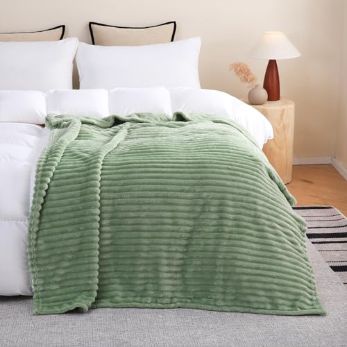 Sage Green Fleece Throw Blanket 50”×60” for Couch Sofa Bed,Super Soft Cozy Plush Microfiber Flannel Blanket with Stripes Design Lightweight for Adults,Woman,Girls - Image 4