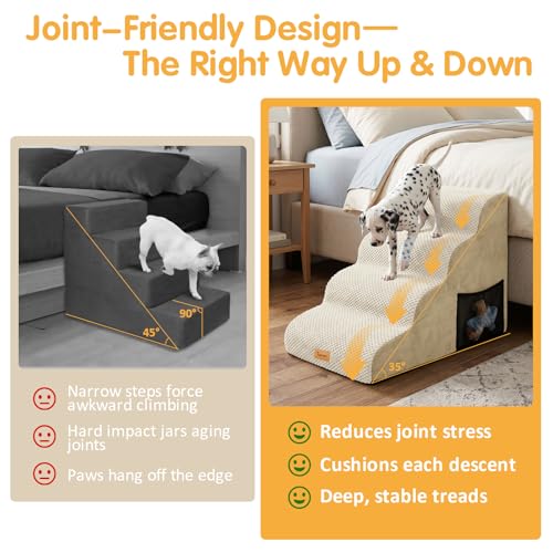 Image of Topmart High Density Foam Dog Stairs 4 Tiers,Extra Wide Deep Pet Steps | Non-Slip Pet Stairs,Dog Ramp for Bed,Best for Older Injured Pets,Cats with Joint Pain