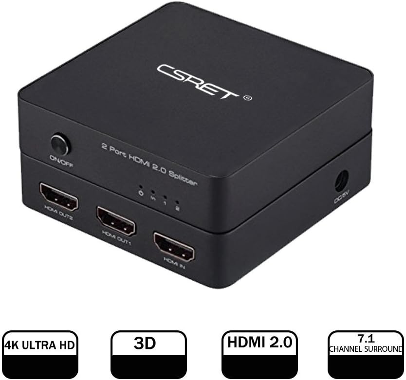 HDMI 2.0 Splitter, CSRET 1x2 HDMI Splitter Switch Amplifier Ver 2.0 Certified for 4k x 2K (30Hz) & 3D 1080P Support 1 in 2 Out Signal Distributor